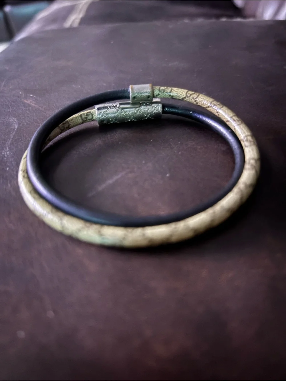 Gucci Black and Beige Monogram Double-Wrap Bracelet